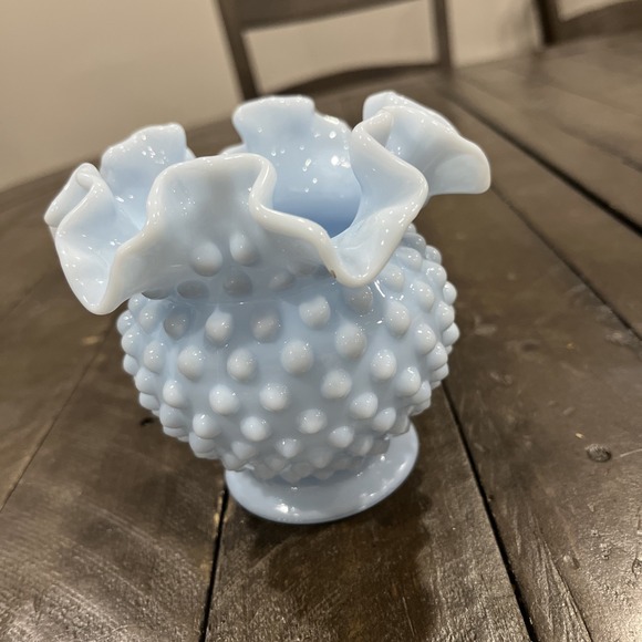 Vtg Fenton Delphite Blue Milk Glass Hobnail Double Ruffle Vase 4 1/4